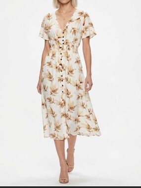 NEW Boho Autumn Leaf Midi Dress MEDIUM Beige Split Sides NWOT